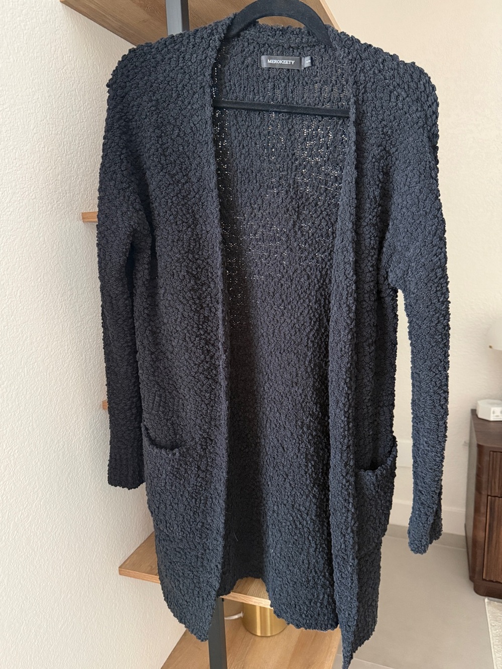Black Popcorn Knit Cardigan Size Small Cozy Open Front